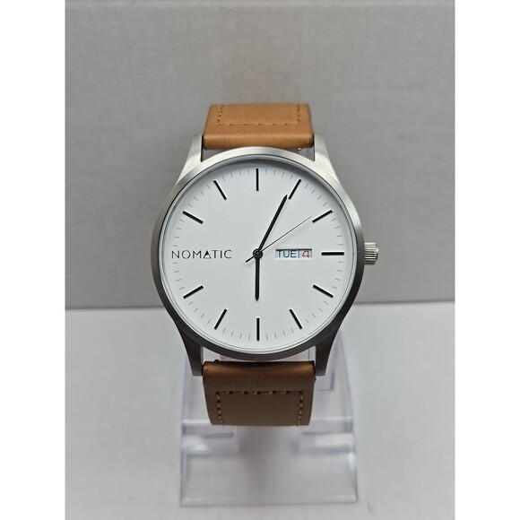 Nomatic Swiss Ronda Day Date Watch 45mm Stainless Brown Leather New Battery Mens - Picture 1 of 12